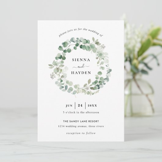 Faire-part de mariage vert de la couronne d'eucaly (Debout devant)