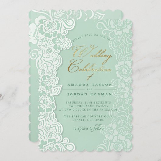 Faire-part de mariage vert dentelle florale (Devant / Derrière)