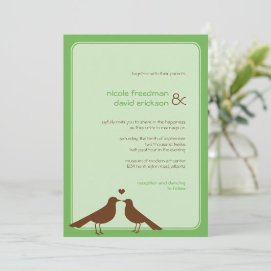 Faire-part de mariage vert des inséparables contem (Debout devant)