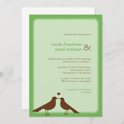 Faire-part de mariage vert des inséparables contem (Devant / Derrière)