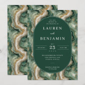 Faire-part de mariage vert élégant marbré (Devant / Derrière)