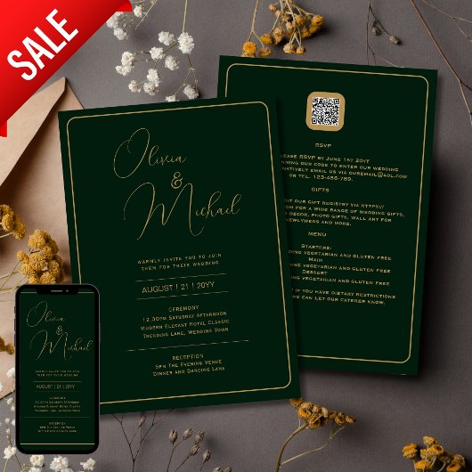 Faire-part de mariage vert Emerald avec texte or
