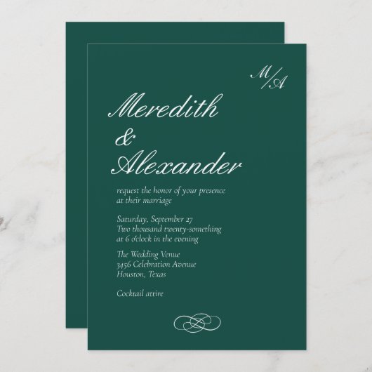 Faire-part de mariage vert émeraude (Devant / Derrière)