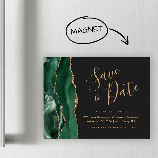 Faire-part de mariage vert émeraude foncé en agate