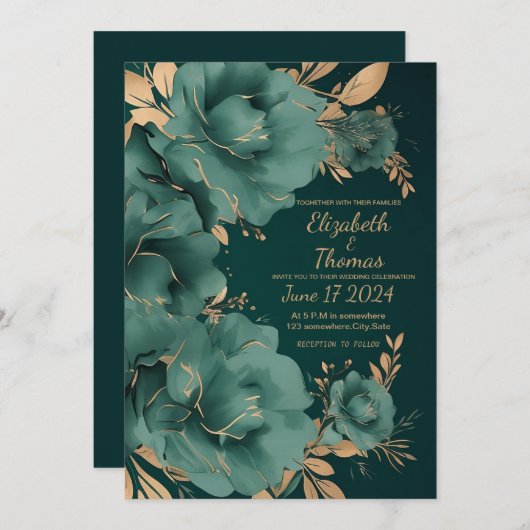 Faire-part de mariage vert et or. (Devant / Derrière)