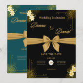 Faire-part de mariage vert et or élégant avec flor (Devant / Derrière)