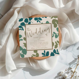 Faire-part de mariage vert et or eucalyptus bohème