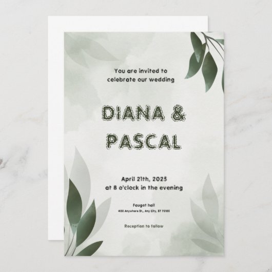 Faire-part de mariage vert féminin (Devant / Derrière)
