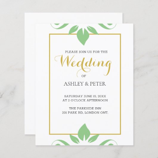 Faire-part de mariage vert feuilles (Devant / Derrière)