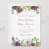 Faire-part de mariage vert fleuri pourpre moderne (Devant)