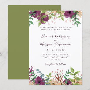Faire-part de mariage vert fleuri pourpre moderne