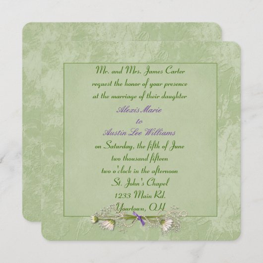 Faire-part de mariage vert floral embouti (Devant / Derrière)