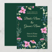 Faire-part de mariage vert foncé botanique et rose (Devant / Derrière)