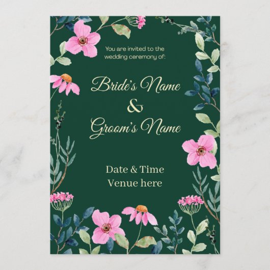 Faire-part de mariage vert foncé botanique et rose (Devant)