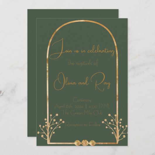 Faire-part de mariage vert foncé et or (Devant / Derrière)