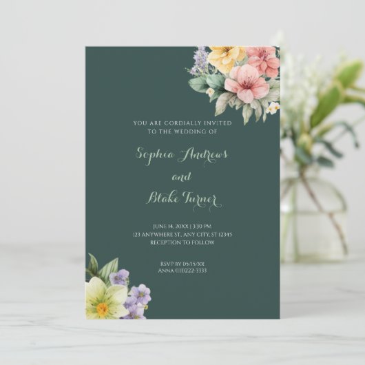 Faire-part de mariage vert moderne & Fleurs pastel (Debout devant)