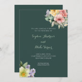 Faire-part de mariage vert moderne & Fleurs pastel (Devant / Derrière)