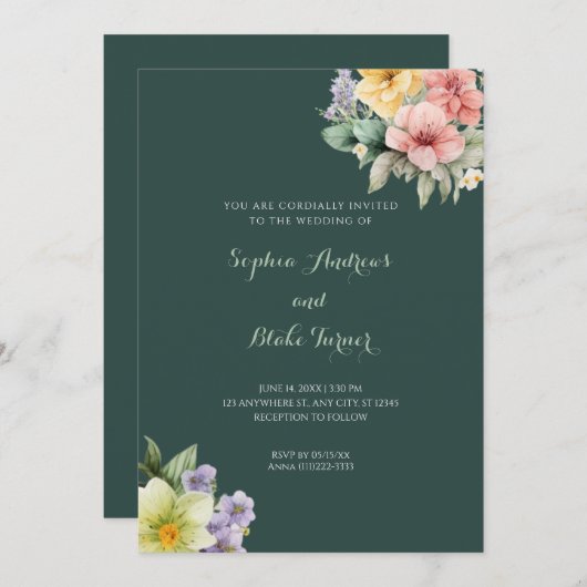 Faire-part de mariage vert moderne & Fleurs pastel (Devant / Derrière)