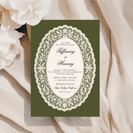 Faire-part de mariage vert olive dentelle