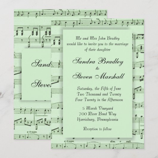 Faire-part de mariage vert papier à musique (Devant / Derrière)