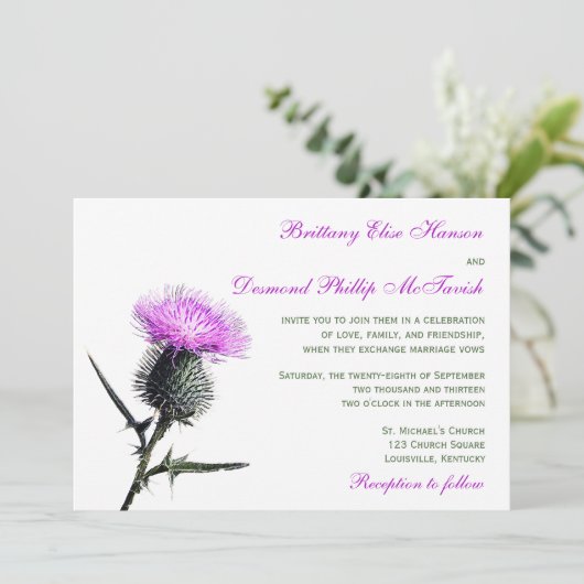 Faire-part de mariage vert pourpre de chardon (Debout devant)
