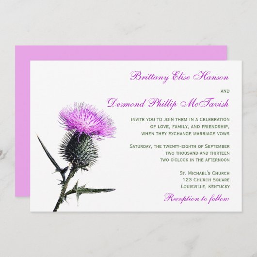 Faire-part de mariage vert pourpre de chardon (Devant / Derrière)