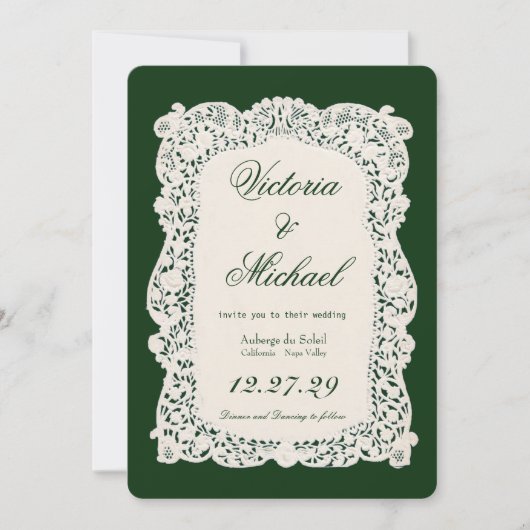 Faire-part de mariage vert profond en papier décou (Devant)