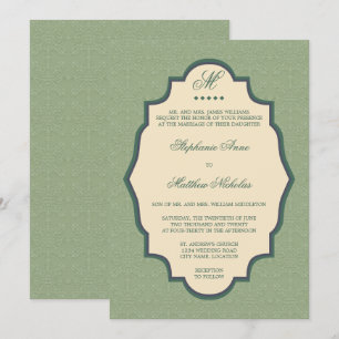 Faire-part de mariage vert sauge à monogramme en d