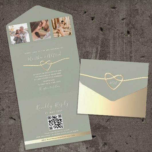 Faire-part de mariage vert sauge avec collage de p