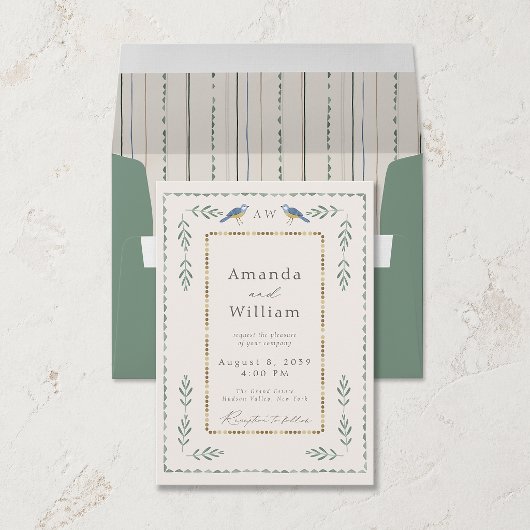 Faire-part de mariage Vert Sauge et Or avec Oiseau