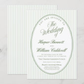 Faire-Part de Mariage Vert Sauge Rayé Ovale (Devant / Derrière)
