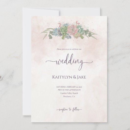 Faire-part de mariage vert succulent et rose (Devant)