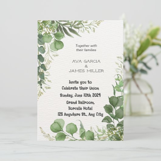 Faire-part de mariage verte et blanche à fleurs (Debout devant)