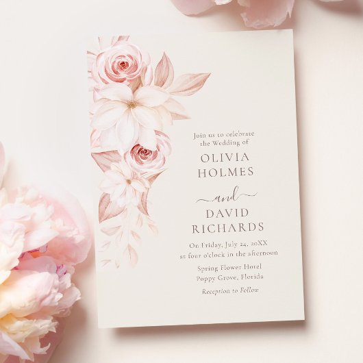 Faire-part de mariage vertical floral beige rosé