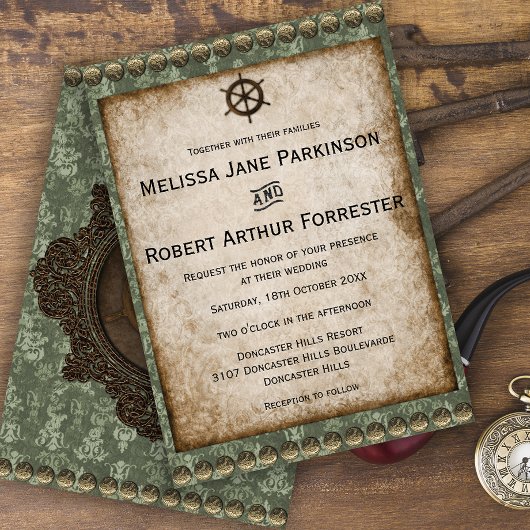 Faire-part de mariage Victorian Green Steampunk