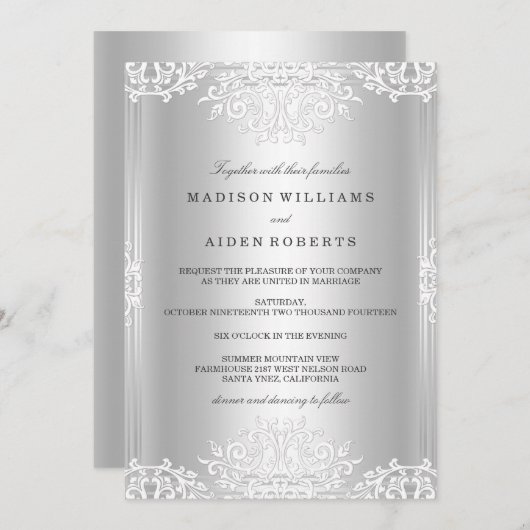 Faire-part de mariage Vintage argenté blanc (Devant / Derrière)