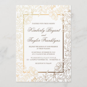 Faire-part de mariage vintage blanc floral d'or