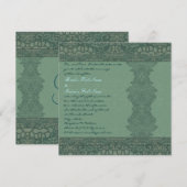 Faire-part de mariage vintage damassé vert carré (Devant / Derrière)