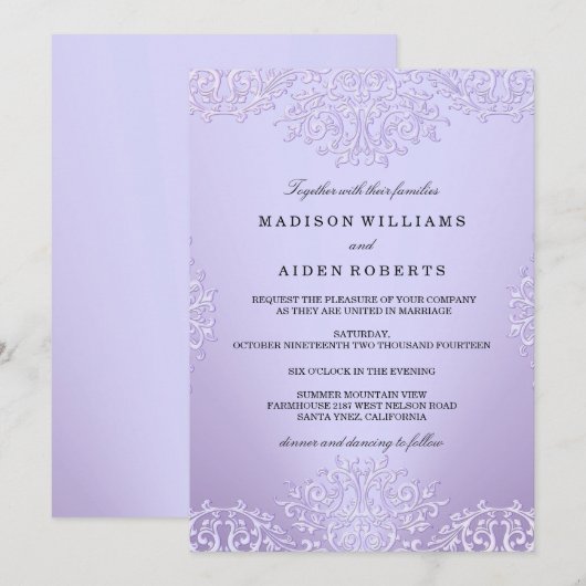 Faire-part de mariage vintage damassé violet (Devant / Derrière)