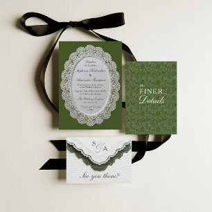 Faire-part de mariage vintage en dentelle vert oli