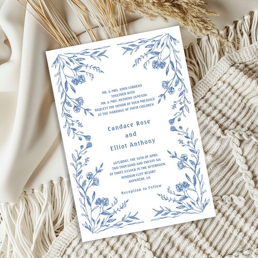 Faire-part de mariage vintage floral bleu
