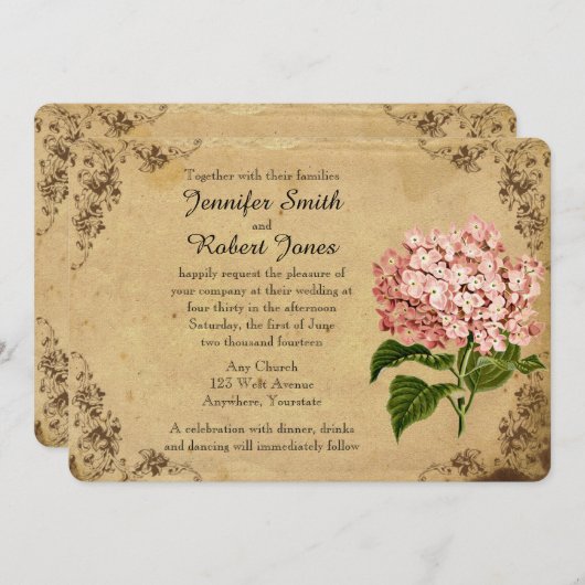 Faire-part de mariage vintage Hydrangea (Devant / Derrière)