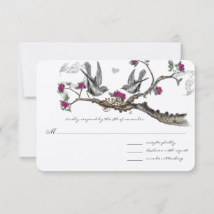 Faire-part de mariage vintage oiseaux fuchsia et g