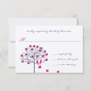 Faire-part de mariage vintage oiseaux fuchsia et m