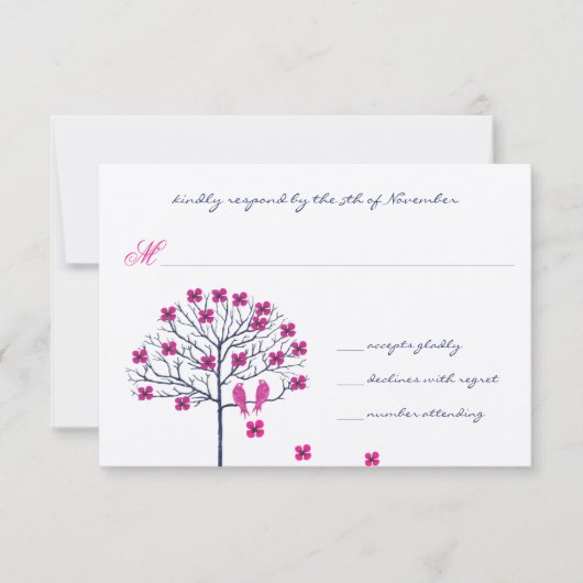 Faire-part de mariage vintage oiseaux fuchsia et m (Devant)