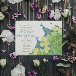 Faire-part de mariage vintage paon bleu et jaune