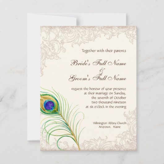 Faire-part de mariage Vintage Peacock Feather Etch (Devant)