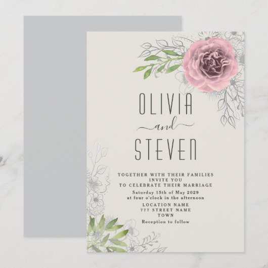 Faire-part de mariage vintage rose floral (Devant / Derrière)