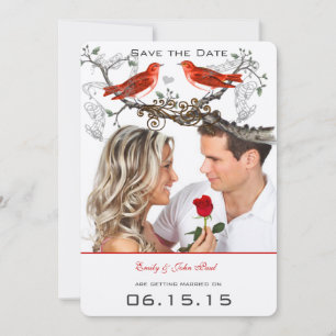 Faire-Part de Mariage Vintage Rouge Oiseaux Save t
