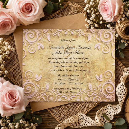 Faire-part de mariage vintage tourbillon rose